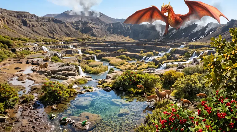 Ett terrasserat vildmarkslandskap i starkt dagsljus där rävar, grodor och hjortar samlas vid ett vattenhål medan rovdjur och en elddrake vakar högre upp i näringskedjan.