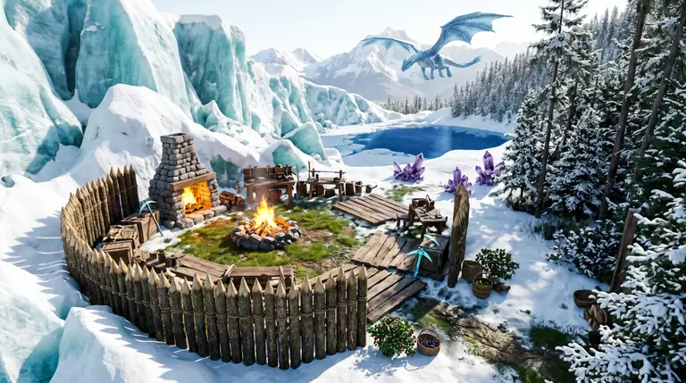 Ett överlevnadsläger i snön där en sprakande lägereld smälter fram grönt gräs kring arbetsbänkar och kistor, med ametistkristaller och en isdrake i fjärran.